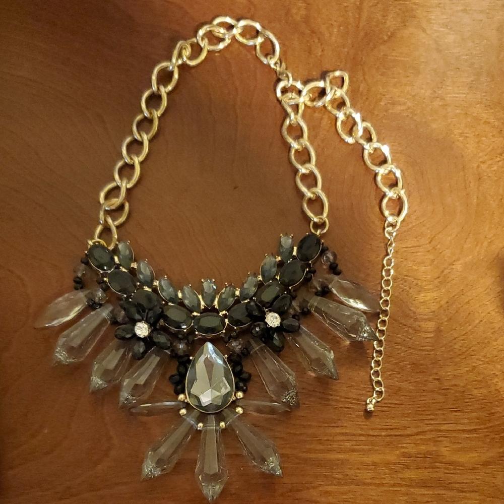 Elegant Gold Tone With Black And Smokey Gem Statement Necklace